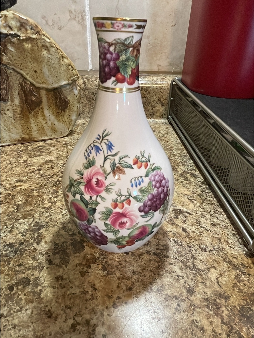 Decorative Floral & Grape Porcelain Vase in White and Purple  SPODE